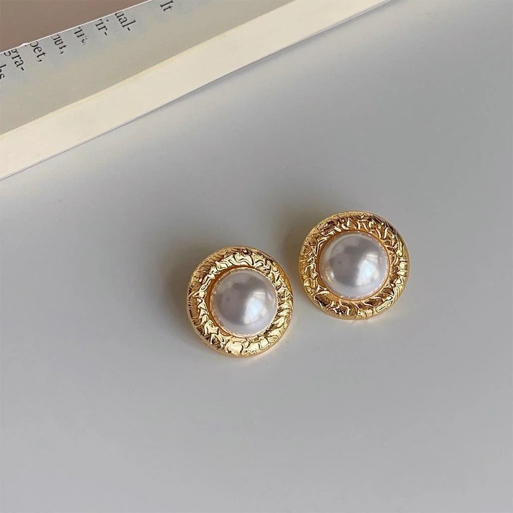 Hong Kong Vintage Round Geometric Pearl Stud Earrings 14K Plated Eco Copper