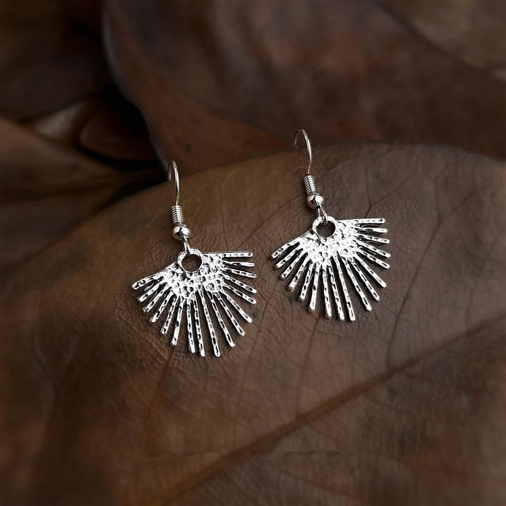 Vintage Antique Silver Eco-Friendly Copper Hollow Leaf Fan Drop Earrings for Women