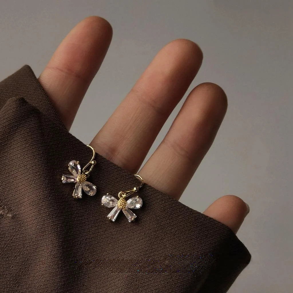 14K Gold Plated Zircon Bow Drop Earrings Mini Korean Style Creative Jewelry
