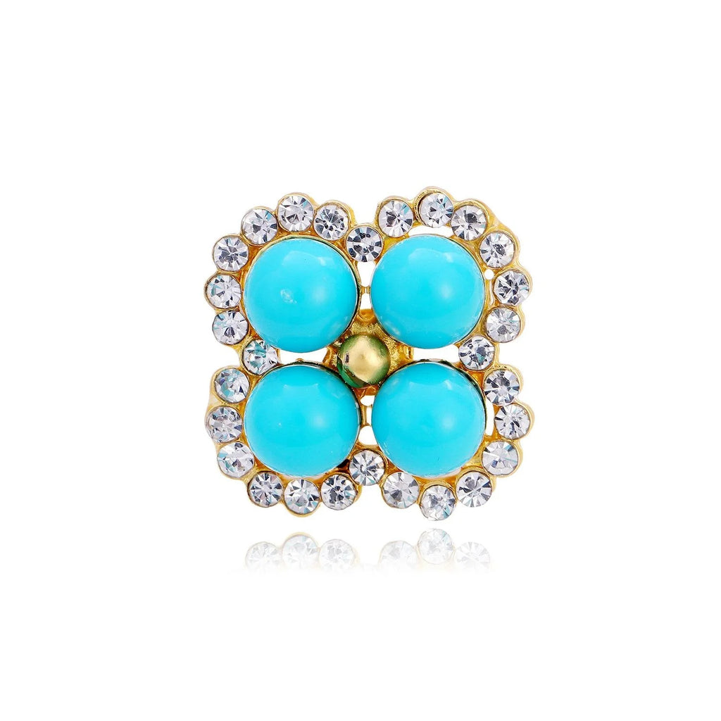 Elegant Faux Turquoise Four Leaf Clover Brooch With Rhinestone Trim, Lucky Lapel Pin Suit Accessory Gift