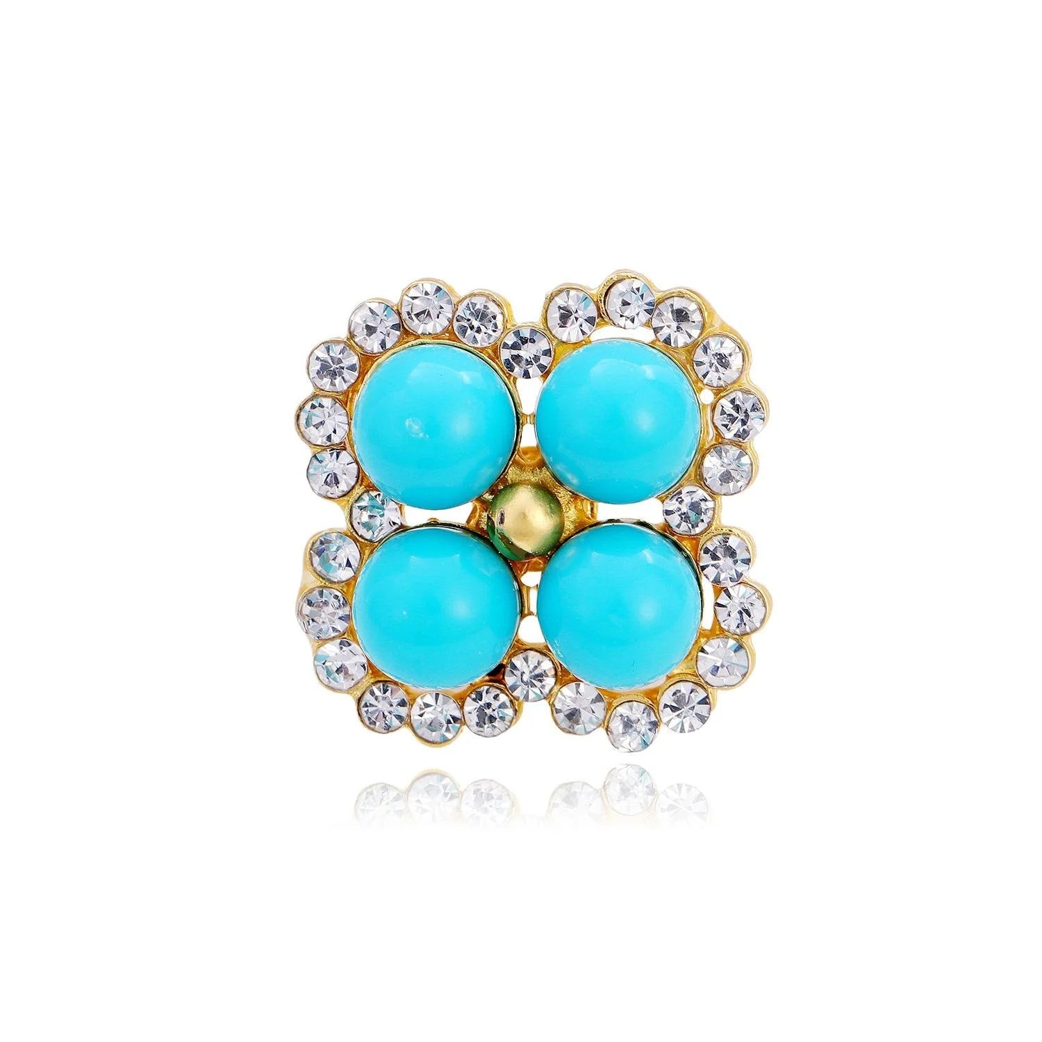 Elegant Faux Turquoise Four Leaf Clover Brooch With Rhinestone Trim, Lucky Lapel Pin Suit Accessory Gift