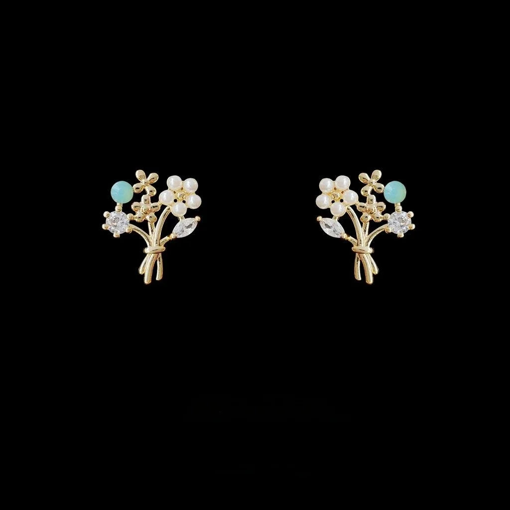 14K Plated Copper Floral Bouquet Stud Earrings With Zircon Micro Pave Korean Sweet Jewelry