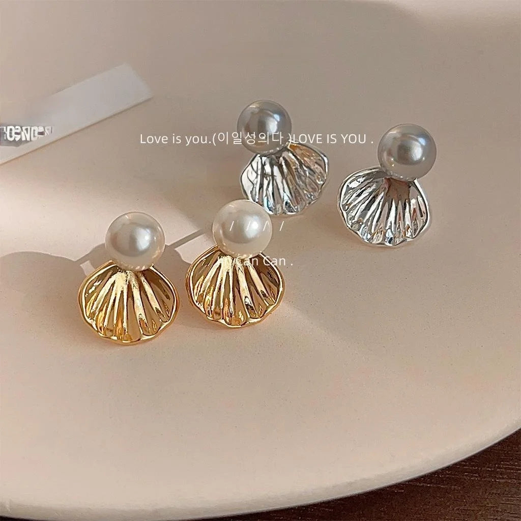 14K Gold Plated Copper Glass Pearl Scallop Shell Stud Earrings Elegant Luxury Jewelry