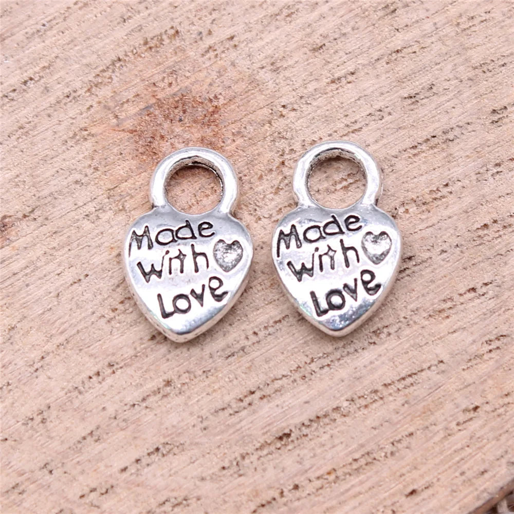 9x14mm 1g Antique Zinc Alloy Made with Love Heart Charm Pendant for DIY Bracelet Necklace Making