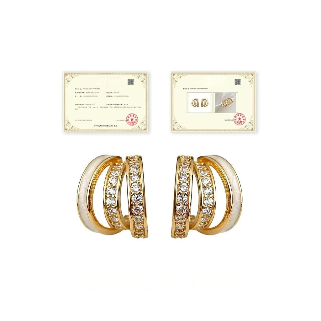 Light Luxury Copper Zircon White Enamel Geometric Round Line Drop Earrings