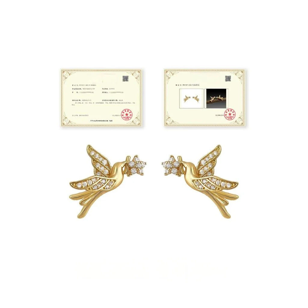 Original Design Micro Pave Zircon Bird Stud Earrings, Copper Luxury Fashion Niche Jewelry