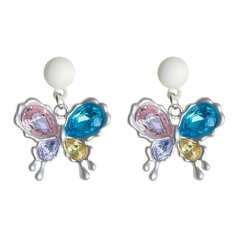 Sweet Cool Colorful Glass Crystal Butterfly Drop Earrings Candy Color Creative Student Jewelry
