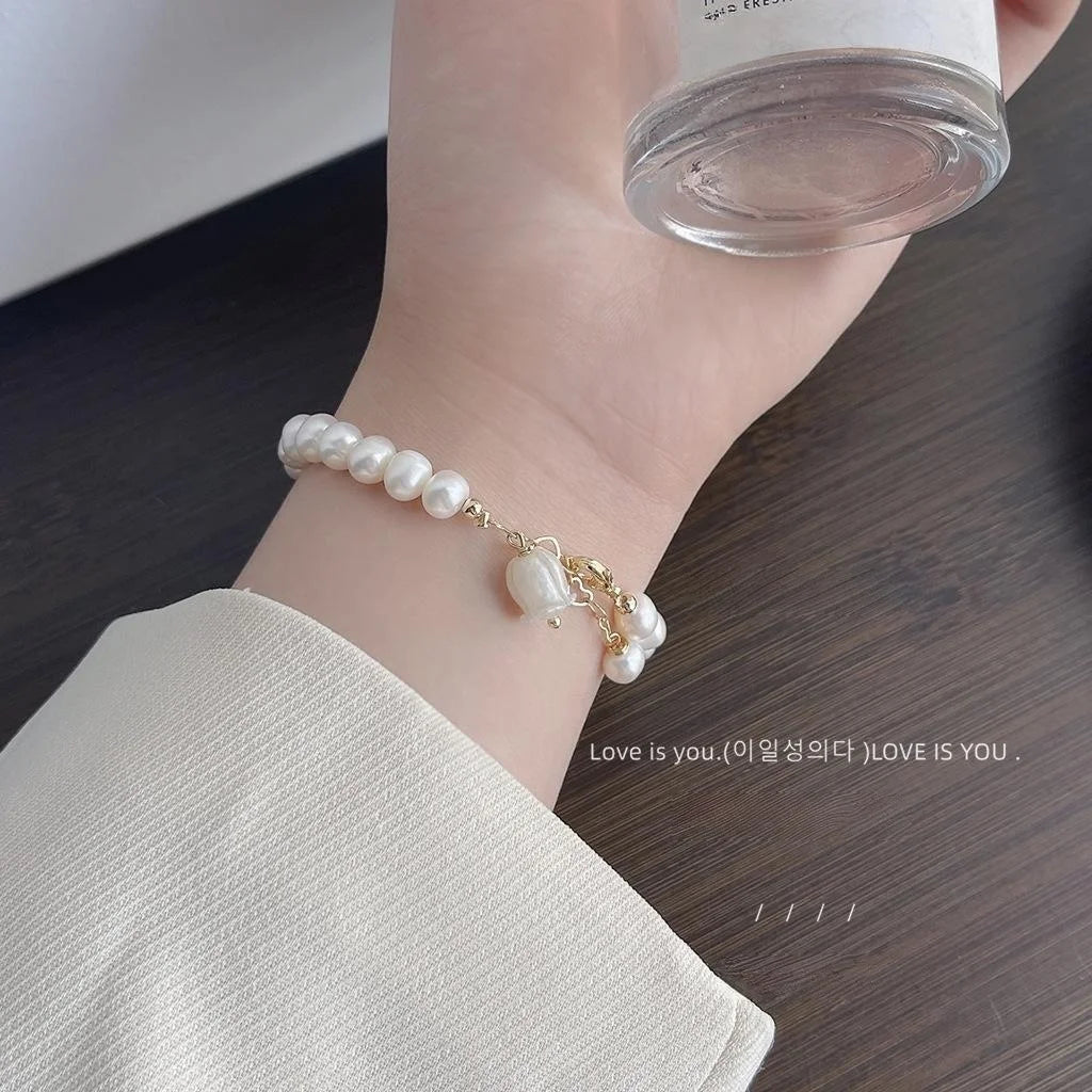 French Light Luxury Handmade Freshwater Pearl Floral Circle Bracelet For Women