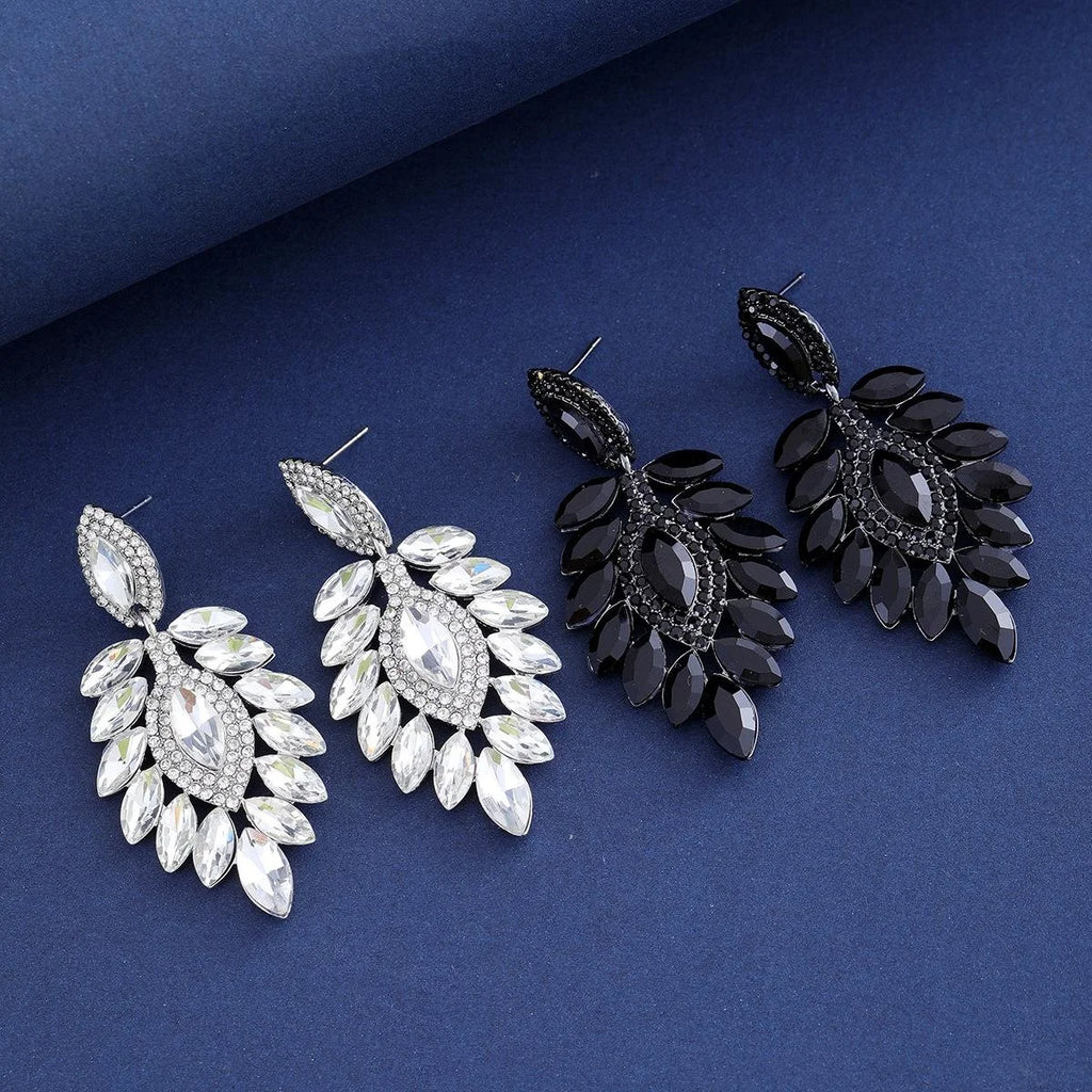 Luxury Green Crystal Rhinestone Leaf Chandelier Earrings For Women, Elegant Alloy Drop Jewelry For Wedding Party