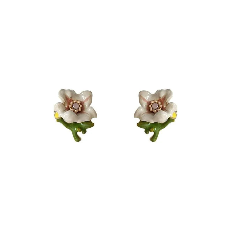 Eco Copper 14K Plated Enamel Flower Stud Earrings Forest Style Sweet Floral Jewelry