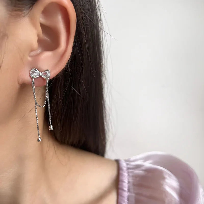 Elegant Silver Alloy Zircon Bowknot Long Chain Tassel Stud & Clip On No Piercing Women's Earrings