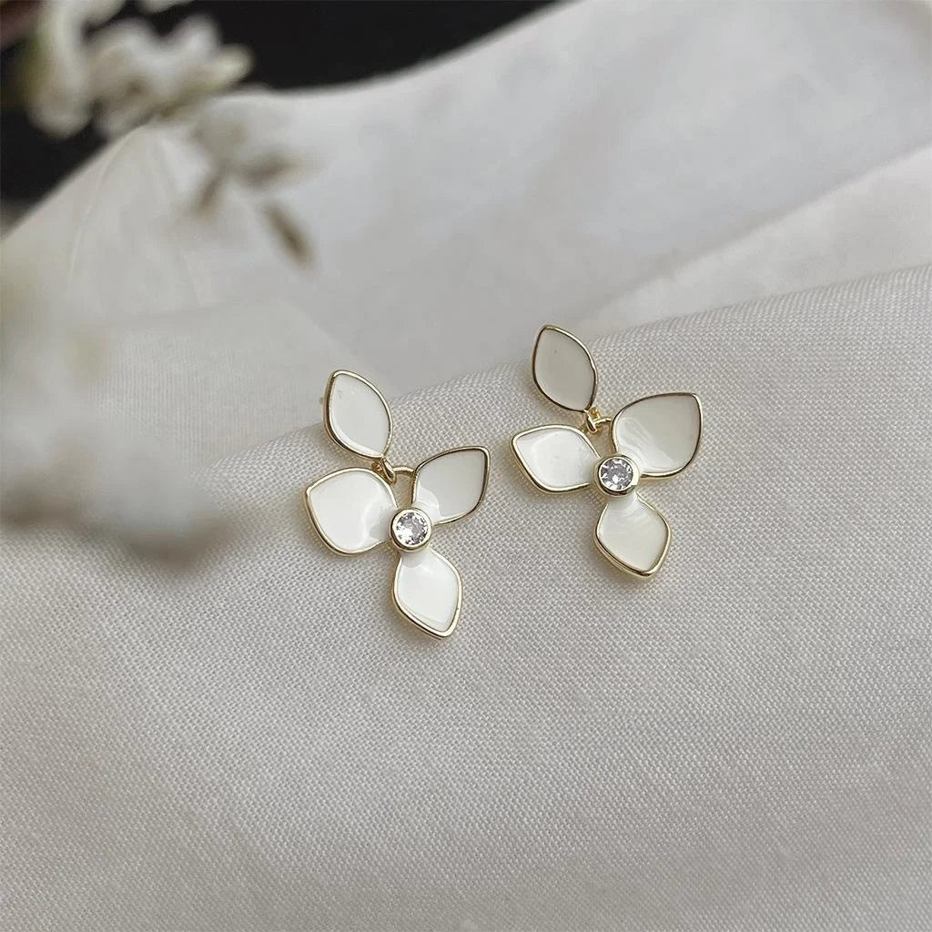 Elegant French White Iris Flower Enamel Zircon Copper Stud Earrings With Silver Plated Pins