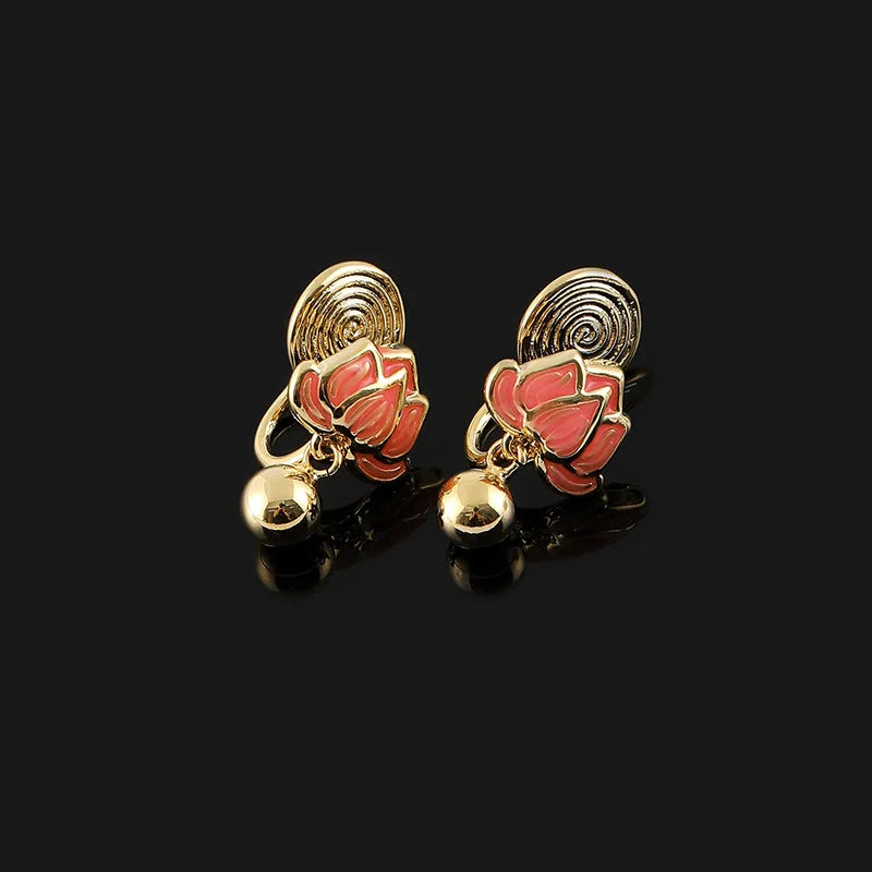 Elegant Enamel Lotus Flower Alloy Stud & Clip On No Piercing Gold Bead New Chinese Style Earrings