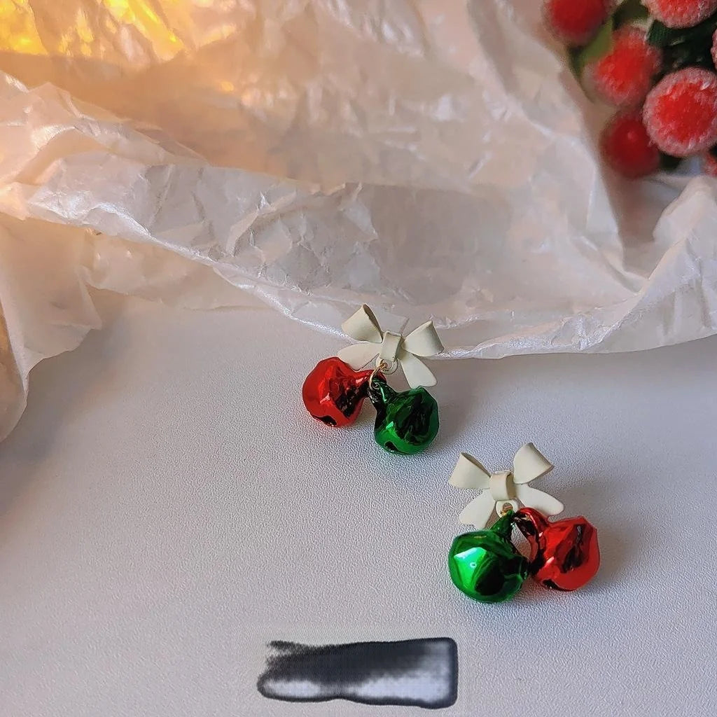 Copper Christmas Bell Bow Stud Earrings Red Green Cute Festive Holiday Jewelry