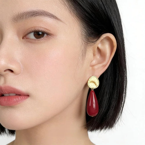 Vintage Hong Kong Style Burgundy Resin Teardrop Drop Earrings
