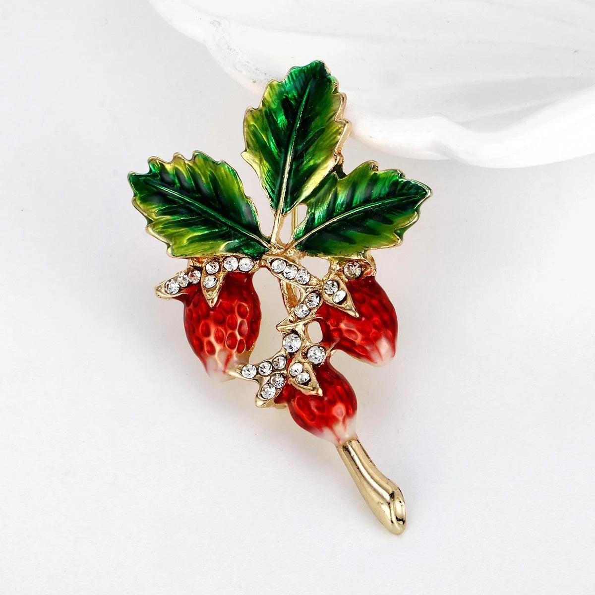 Elegant Enamel Red Berry Leaf Brooch With Rhinestone Zircon, Luxury Alloy Lapel Pin Corsage Gift
