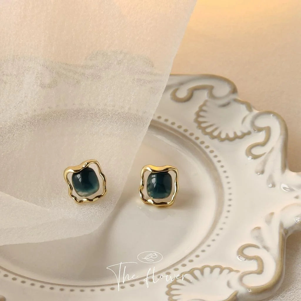 Haze Blue Vintage Square Alloy Resin 14K Plated Hollow Geometric Stud Earrings