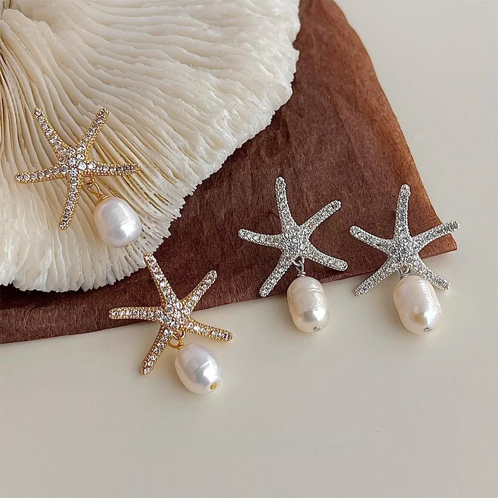 14K Gold Plated Copper Freshwater Pearl Zircon Starfish Drop Earrings Summer Vacation Style