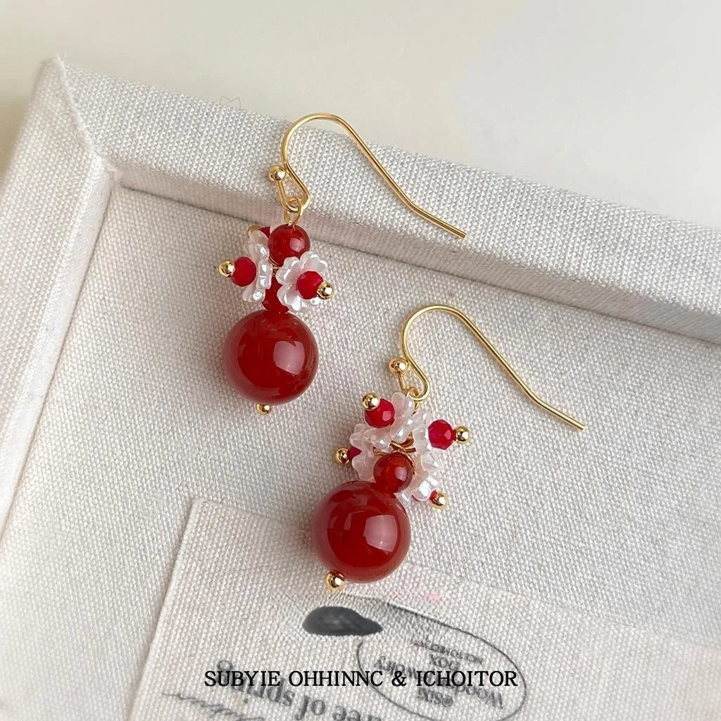 Handmade Red Agate Glass Crystal Resin Floral Geometric New Chinese Palace Style Drop Earrings
