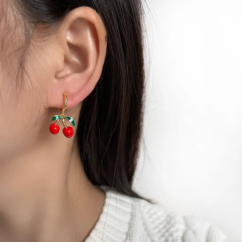 Sweet Red Cherry Enamel Alloy Dangle Stud & Clip On No Piercing Elegant Summer Fruit Earrings