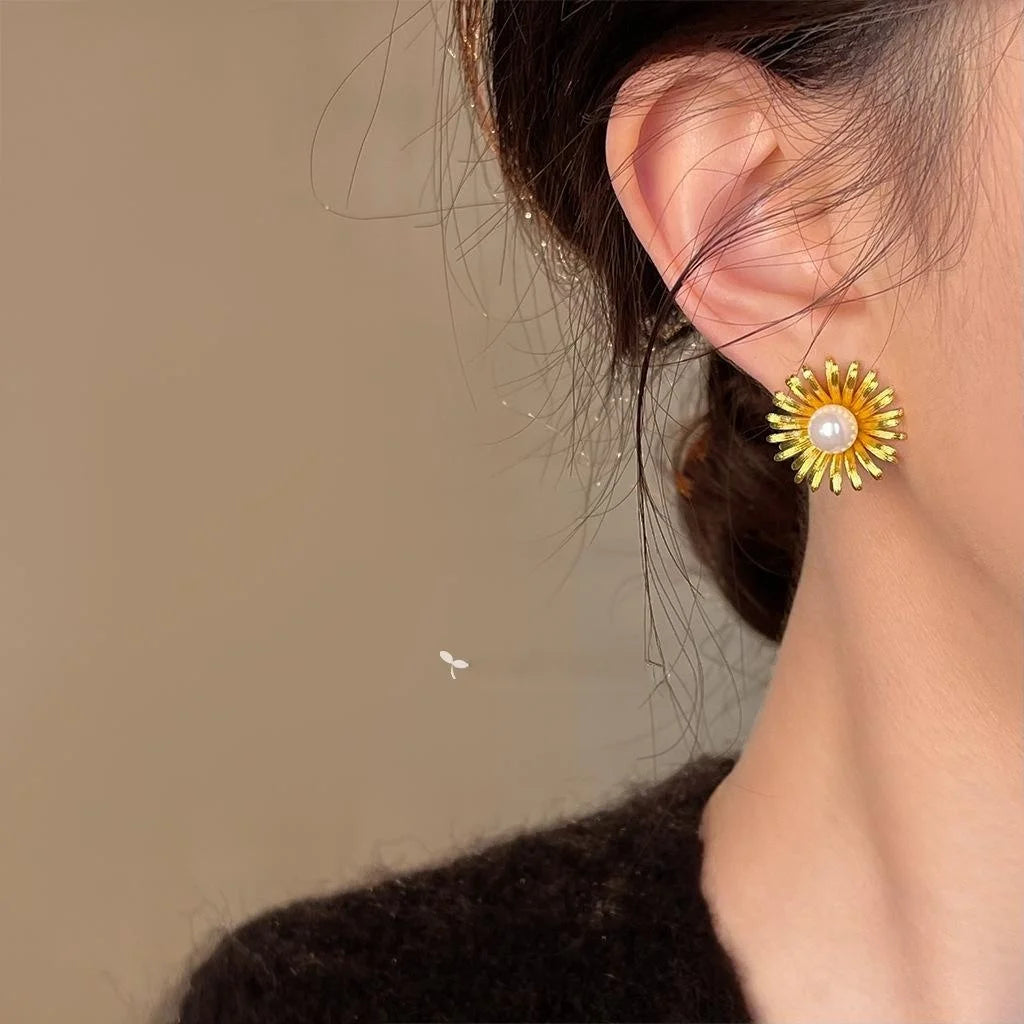 French Vintage 14K Plated Copper Sunflower Glass Pearl Drop Earrings For Women