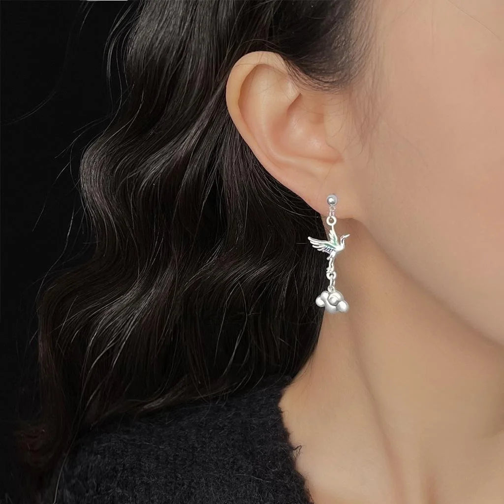 New Chinese Style Copper Crane Cloud Long Tassel Drop Earrings
