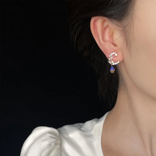 Niche Designer 14K Plated Copper Zircon Moon Castle Star Geometric Drop Earrings