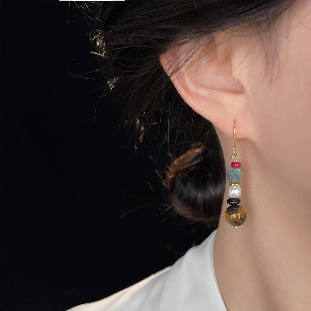 Handmade Tiger Eye Stone Freshwater Pearl Geometric Drop Earrings Ethnic Vintage Chinese Style