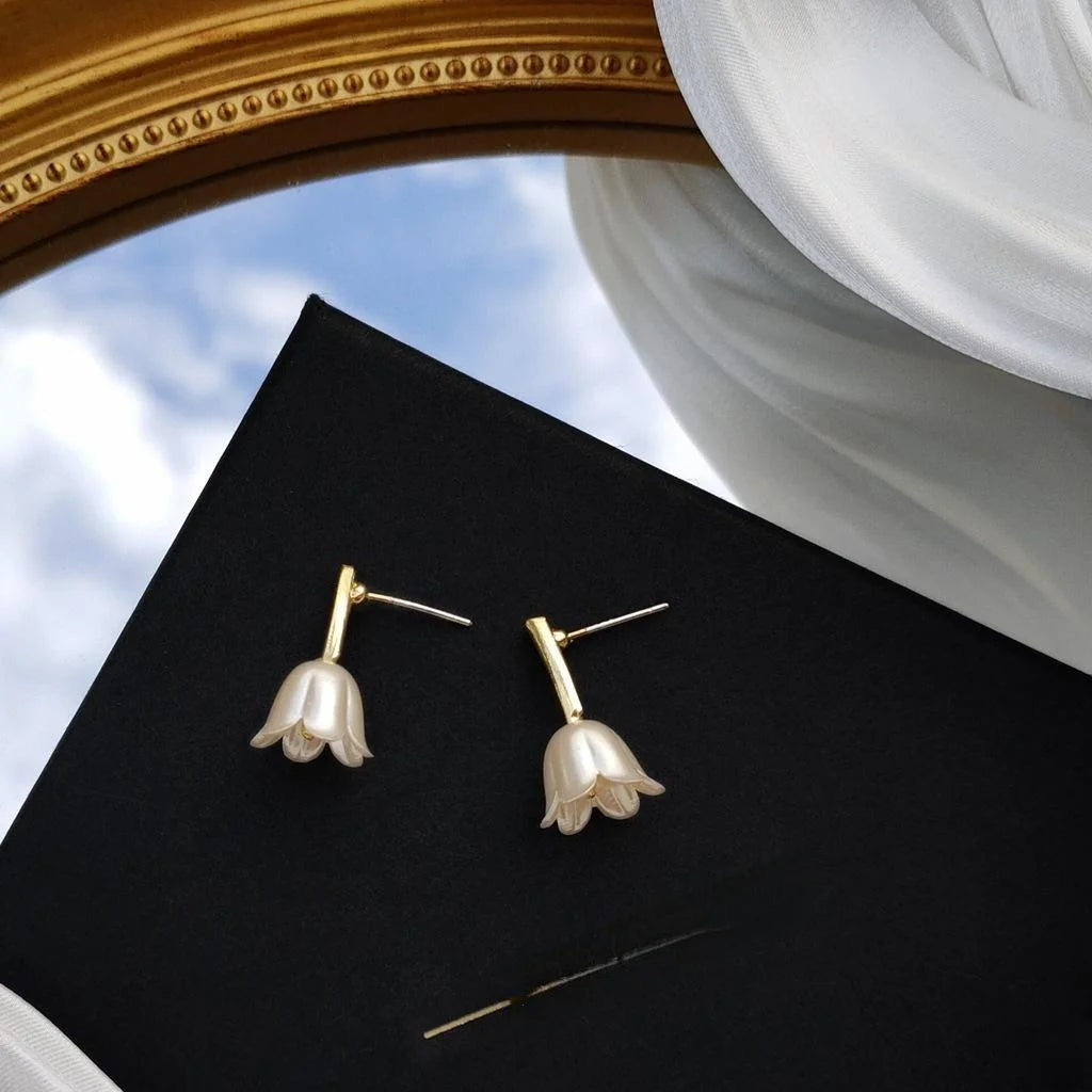 Copper Silver Plated French Court Tulip Pearlescent 3D Floral Branch Drop Earrings