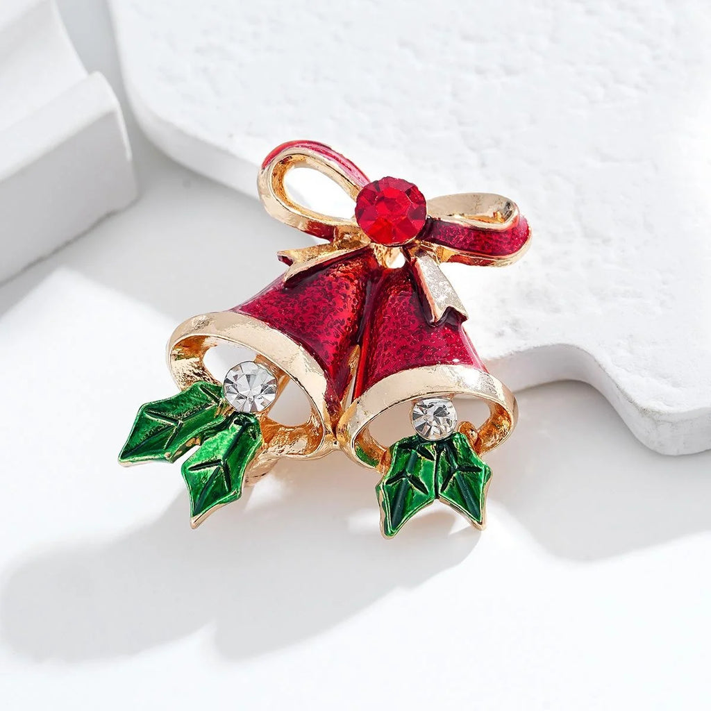 Elegant Enamel Christmas Bell Brooch With Rhinestone Bow, Alloy Lapel Pin Corsage Suit Accessory Gift