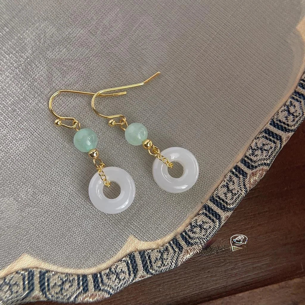 14K Plated Copper Glass White Jade Round Drop Earrings New Chinese Elegant Handmade Jewelry