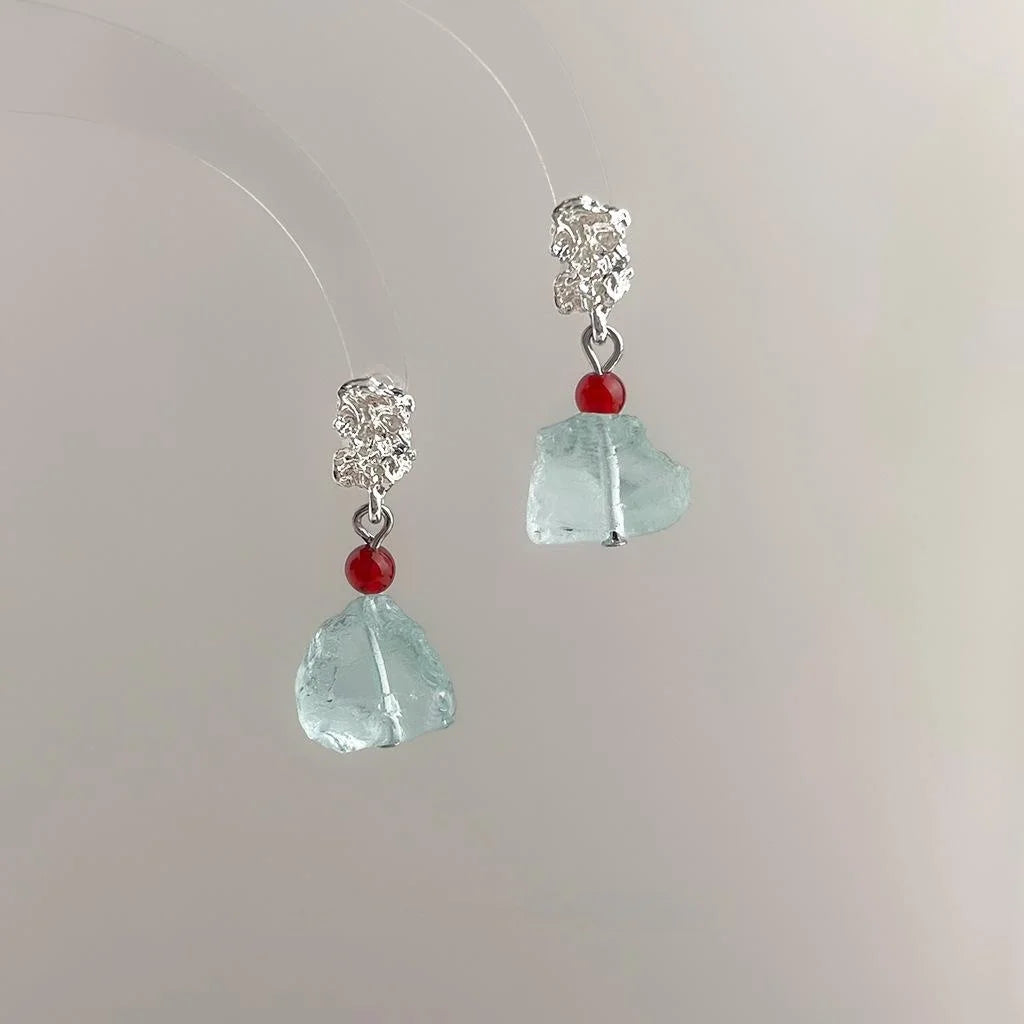 Vacation Style Irregular Geometric Blue Crystal Red Agate Copper Drop Earrings