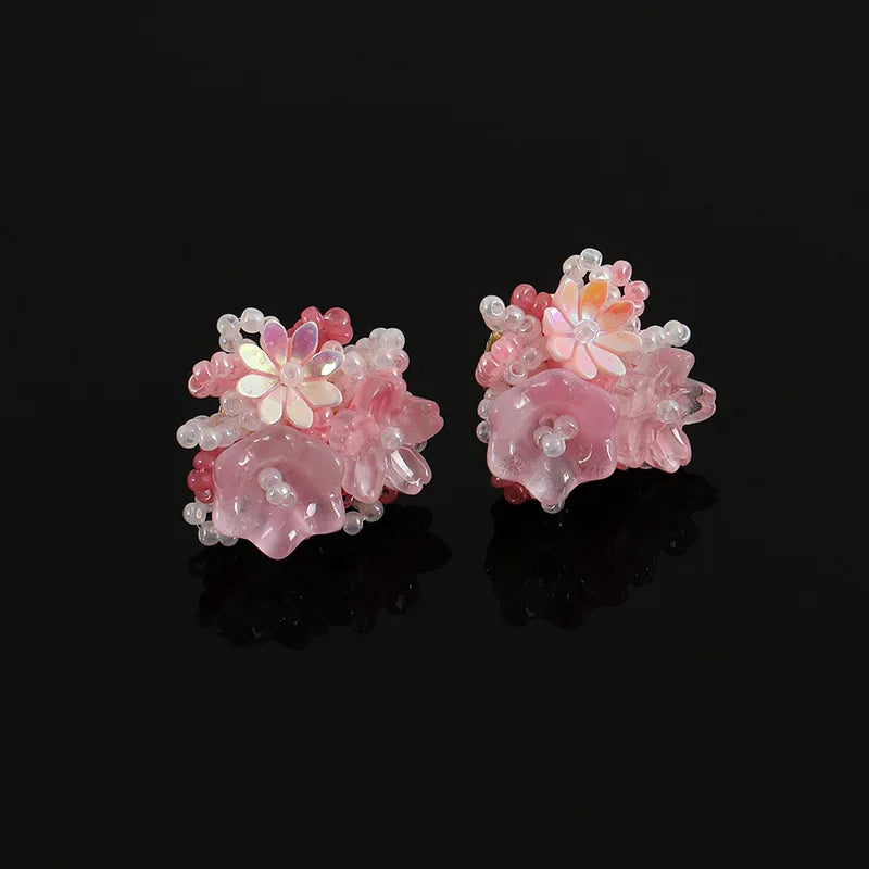 Elegant Pink Beaded Flower Alloy Stud & Clip On No Piercing Handmade Spiral Pearl Drop Earrings