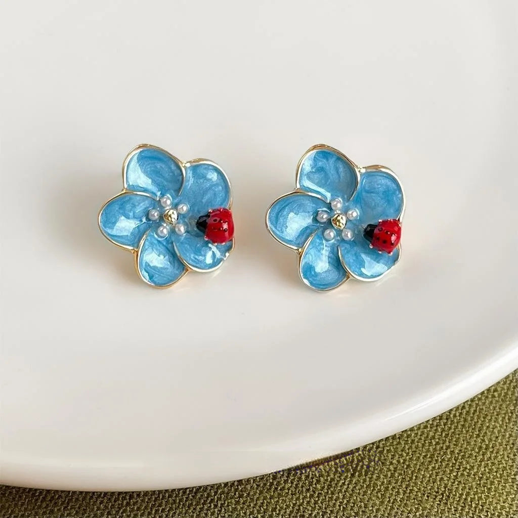 Handmade Enamel Ladybug Flower Drop Earrings Copper Fresh Sweet Floral Jewelry
