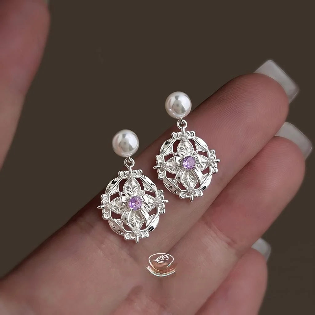 French Vintage Iris Floral Zircon Eco-Friendly Copper Geometric Drop Earrings for Women