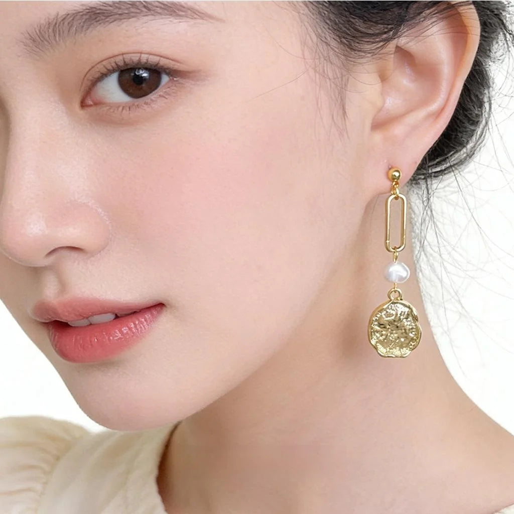 14K Gold Plated Freshwater Pearl Asymmetric Drop Earrings Handmade Geometric Vacation Style
