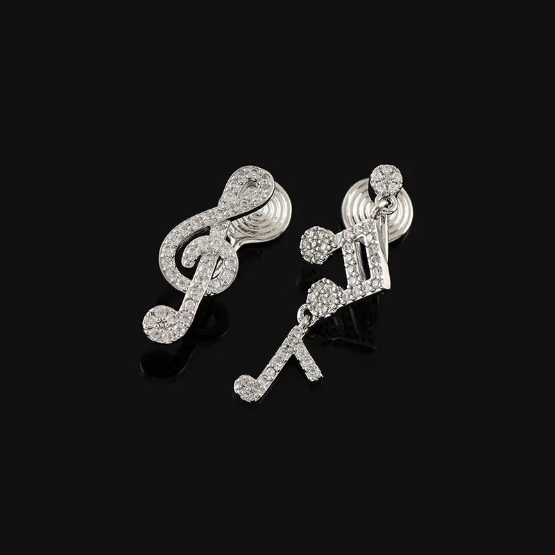Luxury Elegant Asymmetric Music Note Zircon Stud & Clip On No Piercing Treble Clef Drop Earrings