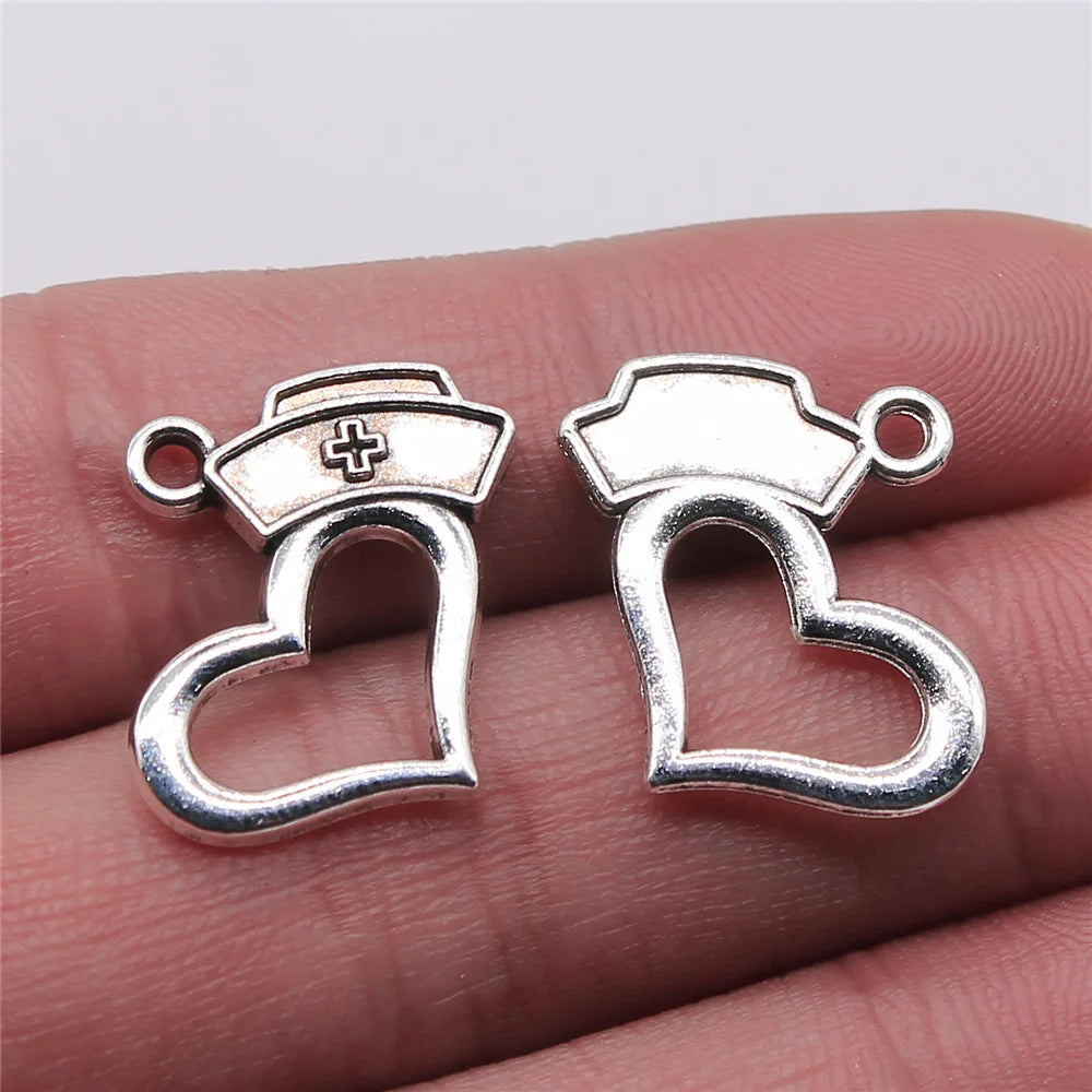 21x23mm 1.5g Antique Silver Zinc Alloy Heart Nurse Cap Charm Pendant for Medical Theme Jewelry Making