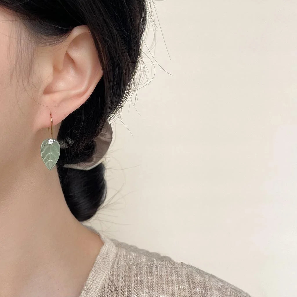 New Chinese Style Glass Synthetic Jade Leaf Tassel Drop Earrings With Micro Pave Zircon
