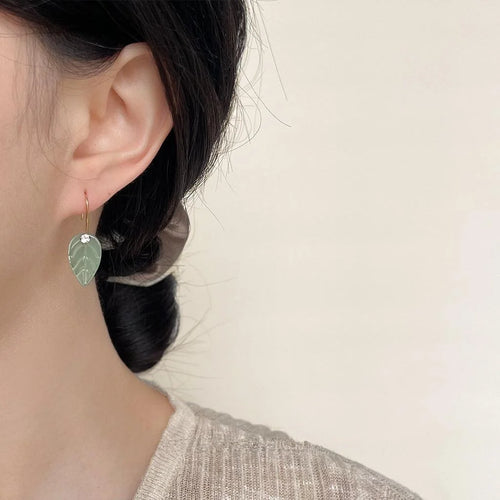 New Chinese Style Glass Synthetic Jade Leaf Tassel Drop Earrings With Micro Pave Zircon