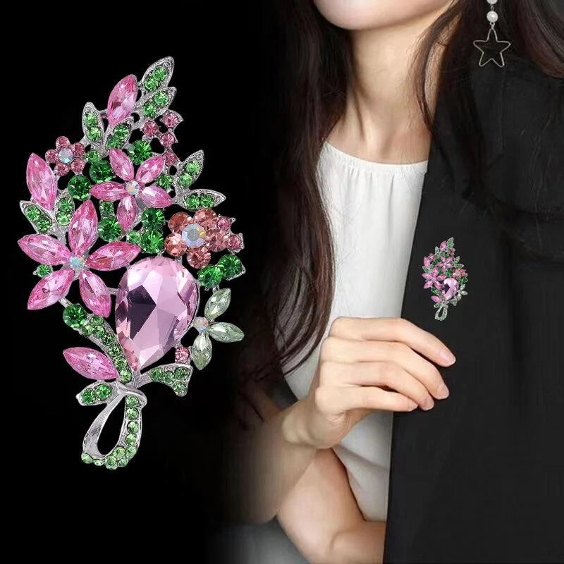 Elegant Pink Green Floral Rhinestone Crystal Brooch, Luxury Bouquet Lapel Pin Corsage Suit Accessory Gift