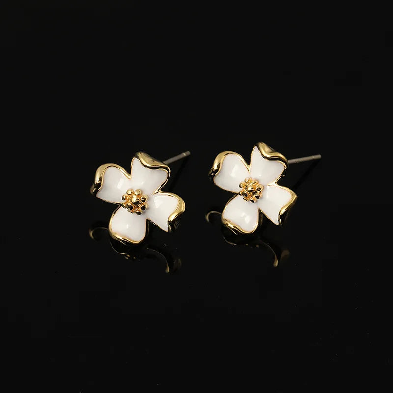 Elegant White Enamel Flower Alloy Stud & Clip On No Piercing French Style Women's Earrings