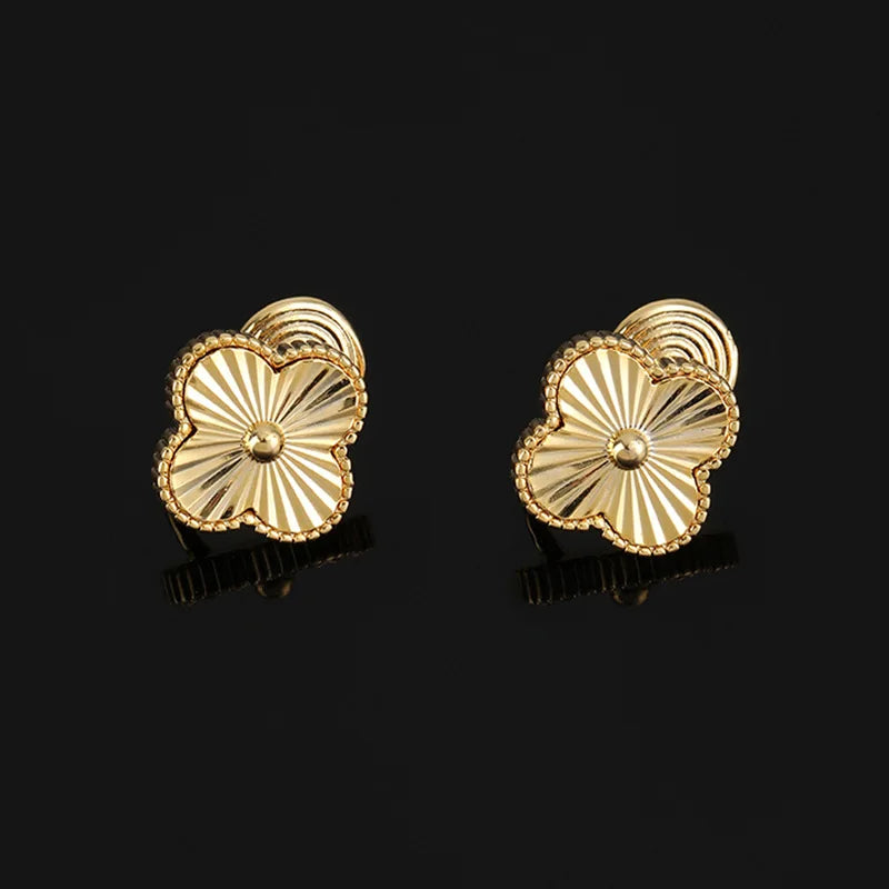 Vintage French Laser Clover Alloy Stud & Clip On No Piercing Commuter Spiral Back Gift Earrings