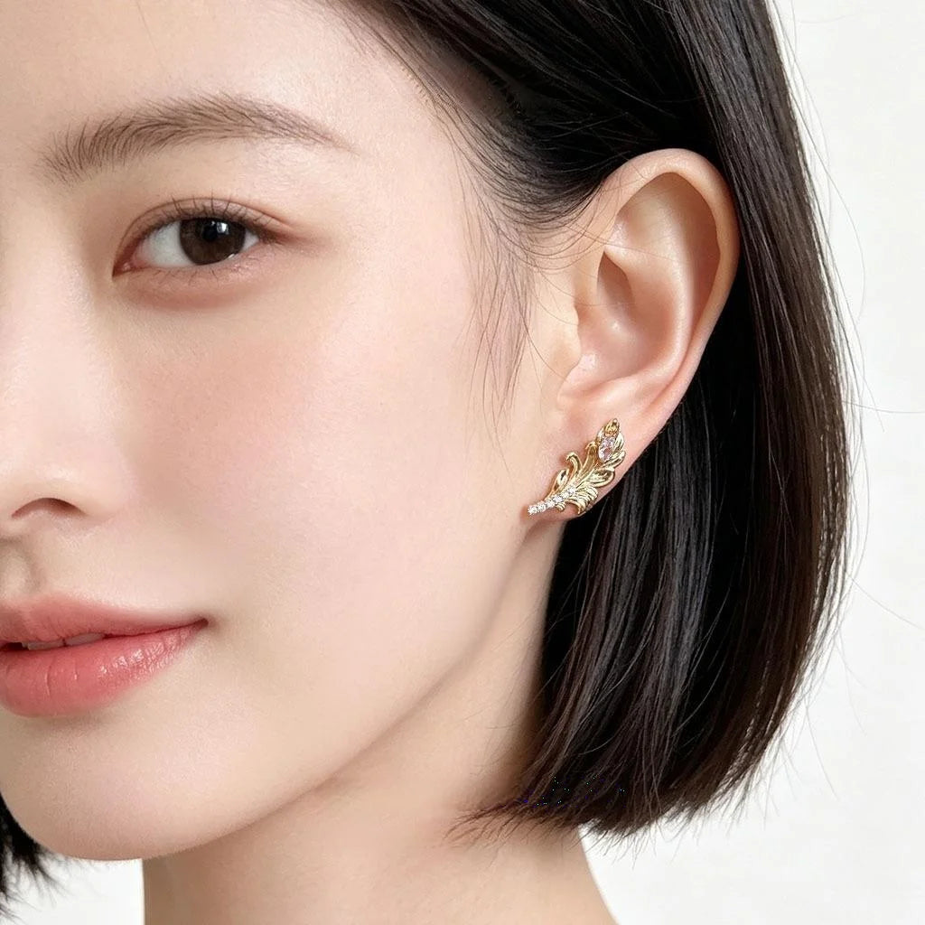 Niche Designer Micro Pave Zircon Feather Quill Copper Stud Earrings For Women