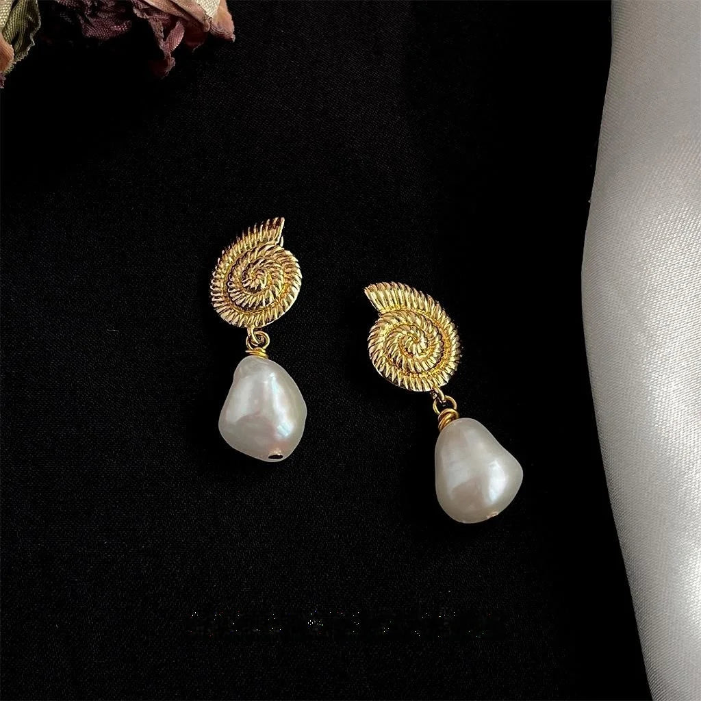 Vintage Baroque Irregular Freshwater Pearl Conch Copper Drop Earrings For Women