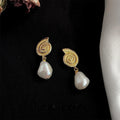 Vintage Baroque Irregular Freshwater Pearl Conch Copper Drop Earrings For Women