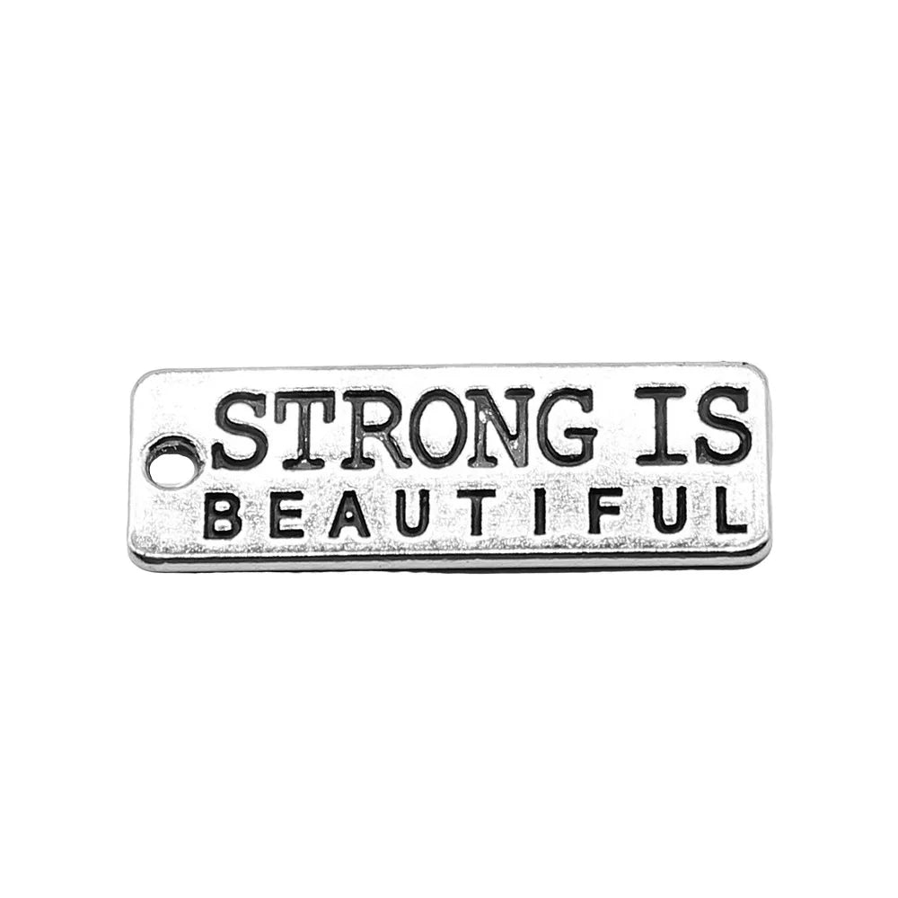 10x27mm 1.8g Zinc Alloy strong is beautiful Word Tag Letter Charm Pendant for DIY Inspirational Jewelry
