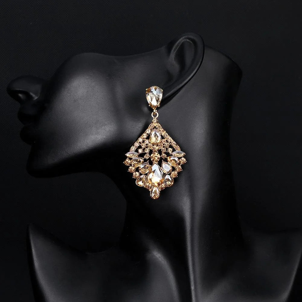 Vintage Geometric Hollow Rhombus Green Crystal Rhinestone Alloy Drop Earrings For Wedding Party Bridal Gift