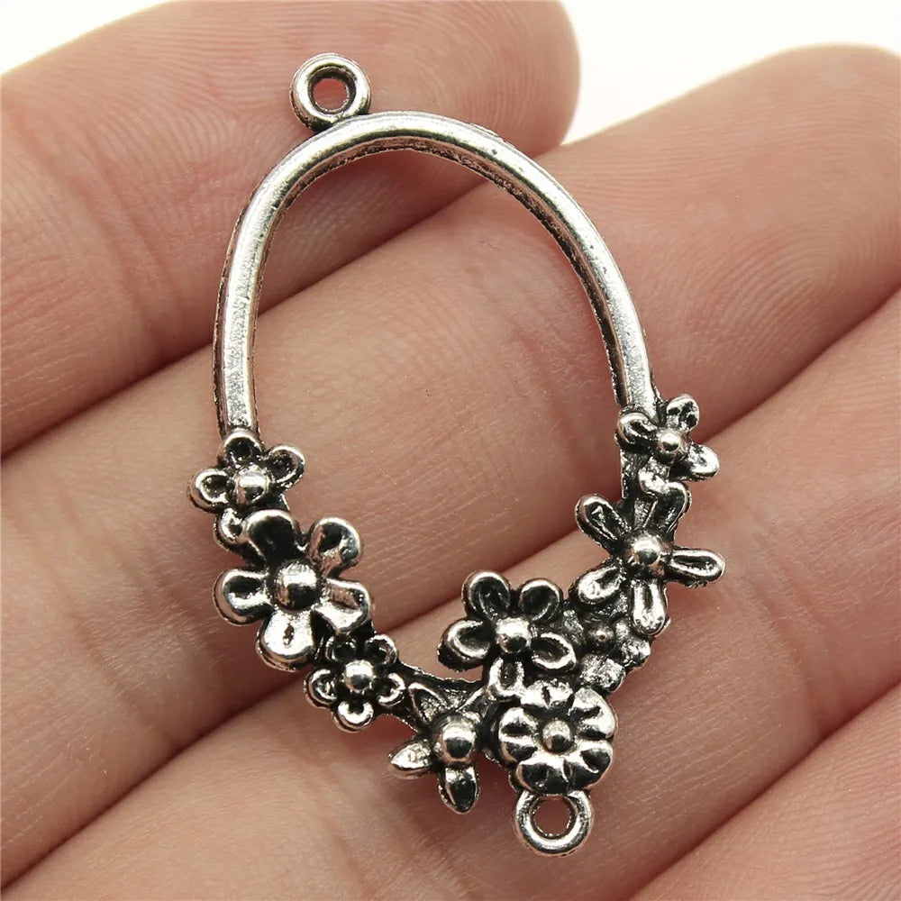 41x25mm 3.5g Antique Silver Zinc Alloy Oval Flower Earring Connector Charms for DIY Earrings Jewelry Making