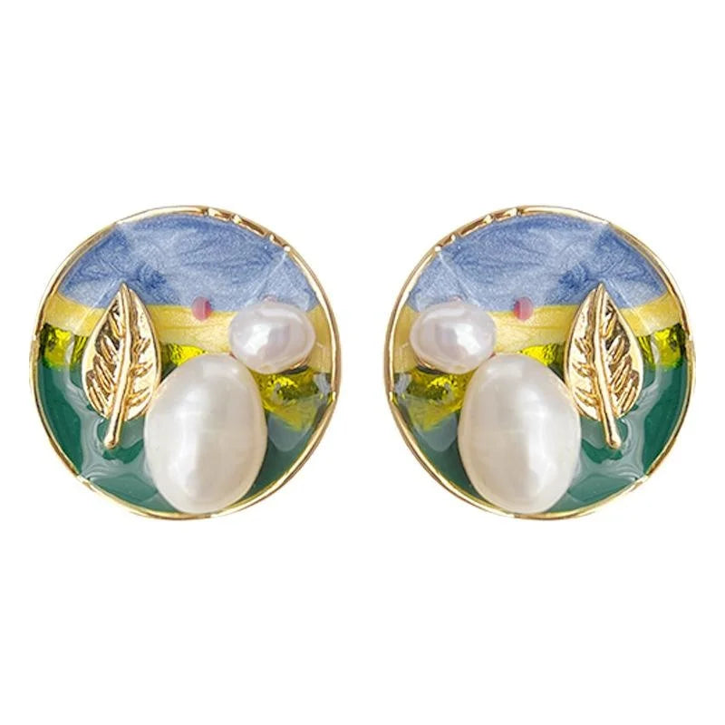 14K Gold Plated Baroque Freshwater Pearl Stud Earrings Irregular Round Geometric Oil Painting Texture